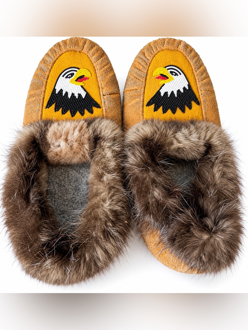 Hand Beaded Eagle (Migizi) Vamp Genuine Fur Lined Suede Moccasins Slippers